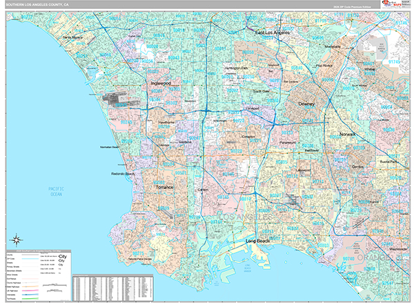 Southern Los Angeles County Metro Area Wall Map Premium Style